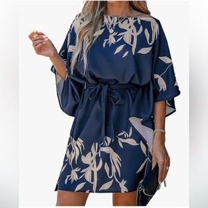 CupShe Navy palm print kimono mini-dress. Buttons all the way, Adjustable waist